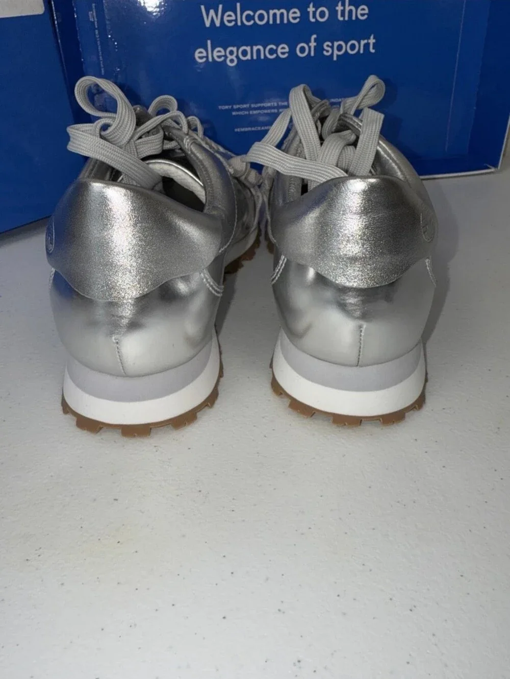 Tory Sport Metallic Silver Ruffle Trainer Sneakers Size 7.5